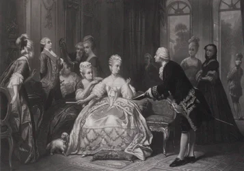 Christoph Willibald Gluck überreicht Königin Marie Antoinette die Partitur der Oper im Trianon