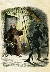 Illustration von Edward Frère (1797-1874) und Theodore Lix (1830-1897) zu „Ivanhoe“ von Walter Scott (1771-1832), einem schottischen Schriftsteller: Der Schwarze Ritter nimmt die Gastfreundschaft eines Einsiedlers im Wald an.