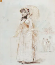 Frau mit offenem Regenschirm spazierend, 1880