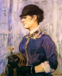 Junge Frau mit blauem Oberteil und kleinem schwarzen Hut, 1877