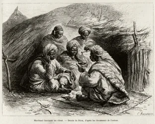 Ein Händler fasziniert einen Kunden, der auf dem Boden auf einer kleinen Matte sitzt und den Artikel mit einer Waage hält. Gravur von Riou zur Illustration der Geschichte „Vom Niger zum Golf von Guinea“ von Kapitän Louis Gustave Binger (1856-1936), 1887-1