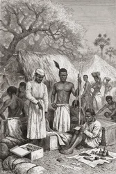 Abdullah Souzi, Jacob Wainright und James Chouma, Dr. David Livingstones drei Diener, die nach seinem Tod 1873 seinen Besitz inventarisieren, Illustration aus "Die Welt in den Händen", graviert von Charles Barbant