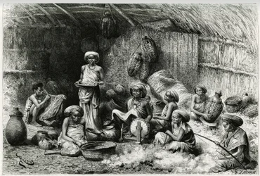 Ein Nachmittag bei der Favoritin des Scheichs der Gobrons, Frauenaktivitäten: Stickerei und Wollspinnen, Korbflechten und Töpfern. Gravur von Riou, zur Illustration der Geschichte „Reise bei den Benadir, den Somalis und den Bayoun“ von Georges Rev