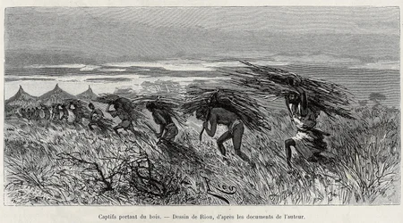 Gefangene tragen Holz im Busch. Gravur von Riou zur Illustration der Geschichte From Niger to the Gulf of Guinee