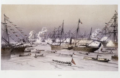 Einfahrt des Adlers nach Port Said zur Einweihung des Suezkanals - in "Durch den Isthmus von Suez" von Riou, Marius Fontaine