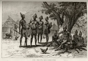 In Lera (oder Dera, Niger), Typen von Mandes. Gravur von Riou zur Illustration der Geschichte „Vom Niger zum Golf von Guinea“ von Hauptmann Louis Gustave Binger (1856-1936), veröffentlicht in Le Tour du monde