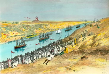 Einweihung des Suezkanals. Der Kanal wurde geschaffen, um das Rote Meer mit dem Mittelmeer zu verbinden. Illustration von Edouard Riou (1833-1900), 1869, Privatsammlung