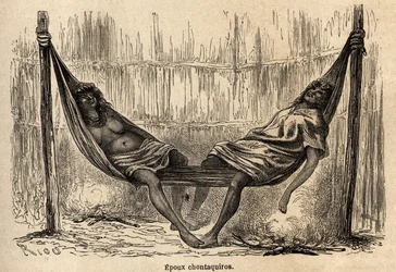 Indische Ehemänner Chontaquiros aus Peru schlafen in ihrer Brauthängematte, Zeichnung von Riou zur Illustration der Reise von 1848 bis 1860 von P. Marcoy, vom Pazifik zum Atlantik. Gravur in „Le tour du monde“, herausgegeben von Edouard Charton