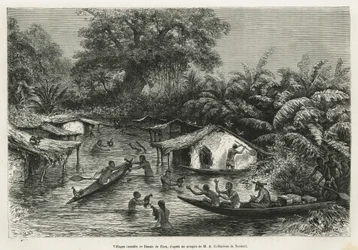 Überflutete Dörfer, Zeichnung von Riou, um die Geschichte einer Reise nach Gabun und zum Ogoue-Fluss in 1875-1877 von Alfred Marche zu illustrieren. Gravur in Le tour du monde