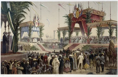 Die Tribüne der Souveräne in „Einweihung des Suezkanals“ von G. Nicole. 1869