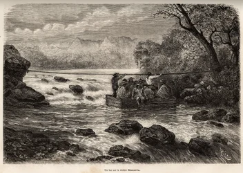 Die Überquerung mit der Fähre des Mesacancha-Flusses (Unteres Peru), Gravur von E. Riou zur Illustration der Reise in die Berge, das Tal von Huarancalqui und die Regionen von Pjonal, 1862-1863, von Paul Marcoy, veröffentlicht in „Le tour du monde“ 1875
