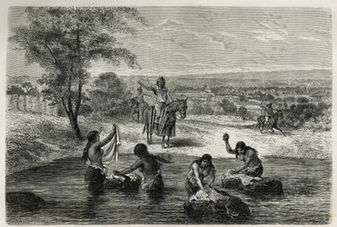 Die Wasserträger und Wäscherinnen von Cartago (Kolumbien), Gravur von Riou, zur Illustration der Geschichte von Amerika Equinoxiale von E. Andre, einer Mission im Auftrag der französischen Regierung, veröffentlicht in Le tour du monde, unter der Leitung vo
