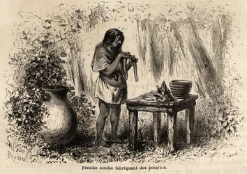 Herstellung von Töpferwaren durch einen Conibo-Indianer aus Peru, Zeichnung von Riou zur Illustration der Reise von 1848 bis 1860 von P. Marcoy, vom Pazifischen Ozean zum Atlantischen Ozean. Gravur in „Le tour du monde“, herausgegeben von Edouard Charton