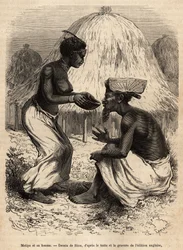 Matipa, ein indigener Mann, der Livingstones Team Kanus zur Verfügung stellte, wurde von seiner Frau bedient, graviert nach einer Zeichnung von Riou, zur Illustration von David Livingstones letztem Tagebuch (1813-1873), 1866-1873, veröffentlicht in „Le tou