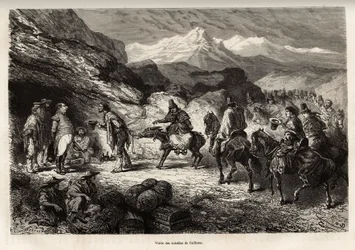 P. Marcoy findet einen Freund, der zum Genie-Oberst und Posten in einer Höhle in der Nähe des Sees von Cailloma wurde, zusammen empfangen sie den Besuch der Honoratioren der Stadt, geätzt nach einer Zeichnung von E. Riou, zur Illustration der Reise in die 