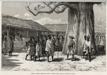 Palaver in Aouabou (Elfenbeinküste). Unterzeichnung des Handelsabkommens am Hof von Anno, mit einem Porträt des Autors. Gravur von Riou, zur Illustration der Geschichte „Vom Niger zum Golf von Guinea“ von Hauptmann Louis Gustave Binger (1856-1936), 1887-18