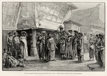Spielende Ohrschmucke bei Batak-Mädchen, ethnische Gruppe von Nord-Sumatra. Gravur von Riou zur Illustration der Geschichte „Ein Jahr in Malaysia“, von Jules Claine (1856-1939)