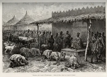 Empfang beim Naba Sanem, aus dem Mossi-Königreich von Waghadougou (Ouagadougou, Burkina Faso). Gravur von Riou, zur Illustration der Geschichte 