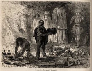 Restaurierung von Heiligenstatuen in Sarayacu (Peru), Zeichnung von Riou, zur Illustration von Paul Marcoys Reise vom Pazifik zum Atlantik von 1848 bis 1860. Gravur in 