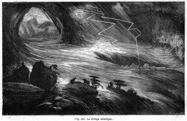 Die asiatische Sintflut: eine Katastrophe, die die in der Bibel beschriebene Sintflut inspiriert haben könnte: aus dem Buch von Louis Figuier „La Terre avant le deluge“, Ausgabe Hachette 1872