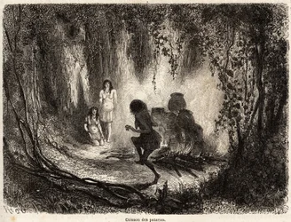 Das Brennen von Töpferwaren durch die Conibo-Indianer von Peru, mit der Anwesenheit einer alten Frau, die singt und um das Feuer tanzt, um böse Geister davon abzuhalten, die Töpferwaren zu berühren und zu zerbrechen