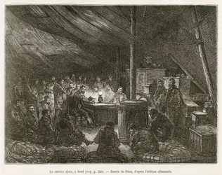 Der Gottesdienst an Bord, jeden Sonntag um Mittag versammelt sich die Besatzung unter einem auf dem Deck aufgestellten Zelt, eine einfache Lesung des Evangeliums durch den Kapitän des Schiffes dient als Feier. Gravur nach der Zeichnung von Riou, zur Illust