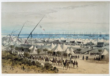 Der Hafen von Ismalia und das Lager der Gäste bei der Einweihung des Suezkanals - in „Durch den Isthmus von Suez“ von Riou, Marius Fontaine