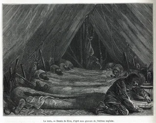 Das Innere des Zeltes auf der Eisscholle, Zeichnung von Riou, um die Geschichte einer Reise zum Polarmeer in 1875-1876 von Kapitän G. S. Nares (1831-1915) zu illustrieren. Gravur in Le tour du monde