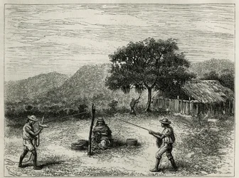 Die Herstellung der Cabuya, Schnur aus Fourcroya, in der Nähe von Cartago (Kolumbien), Gravur von Riou, zur Illustration der Geschichte von Equinoxiale America von E. Andre, Missionsauftrag der französischen Regierung, veröffentlicht in Le tour du monde, u