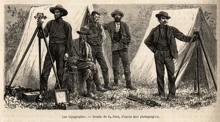 Das Topografenteam mit seiner Ausrüstung von der amerikanischen geologischen Mission, Stich nach der Zeichnung von F. Riou, der eine Reihe geografischer Missionen durch den Nationalpark der Vereinigten Staaten von 1870 bis 1872 durch die Herren Hayden