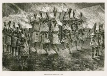 Der Fackelzug durch die Straßen von San Jose, Zeichnung von E. Riou, um die Reise in die Region Titicaca und die Täler des Ostens von Unterperu in 1873 von Paul Marcoy zu illustrieren. Gravur in Le tour du monde