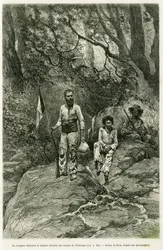 Der Reisende entfaltet die Trikolore an den Quellen des Orinoco. Gravur von Riou zur Illustration der Geschichte „Reise zu den Quellen des Orinoco“ 1886-1887, von Jean Chaffanjon, im Auftrag des Bildungsministeriums, in Le Tour du monde 1888, herausgegeben