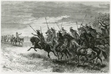 Tobas-Indianer (aus der Chaco-Region, zwischen Paraguay und Bolivien) weigern sich, zur Kolonne der Thouar-Expedition zu gehen. Gravur von Riou, zur Illustration der Geschichte „Auf der Suche nach den Überresten der Crevaux-Mission“, 1884, von A. Thouar.