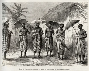Ton-Typ mit ihrem Regenschirm. Gravur von Riou, zur Illustration der Geschichte „Von Niger zum Golf von Guinea“ von Kapitän Louis Gustave Binger (1856-1936), in 1887-1889, in Le tour du monde, nouveau journal des voyages, unter der Leitung von Edouard Char