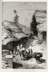 Typen von Pakhala (Elfenbeinküste). Gravur von Riou zur Illustration der Geschichte „Vom Niger zum Golf von Guinea“ von Hauptmann Louis Gustave Binger (1856-1936), veröffentlicht in Le Tour du monde