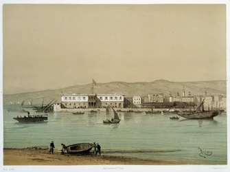 Ansicht des Kanals in „Einweihung des Suezkanals“ von G. Nicole. 1869