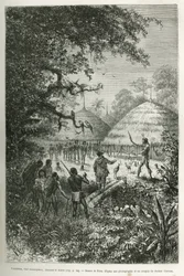 Yacouman, Roucouyenne-Häuptling, Stamm von Guayana am Ufer des Oyapock, der den Teufel vertreibt, er geht nach der Geburt eines Kindes durch das Dorf und besprengt mit einem Federpinsel eine milchig-weiße Flüssigkeit, Illustration nach einer Zeichnung von 