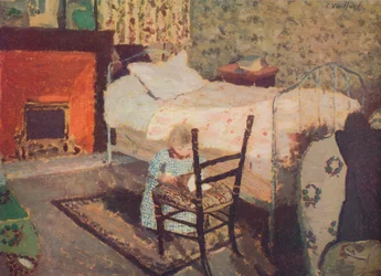 Kind spielt: Annette Roussel vor einem Holzstuhl, um 1900
