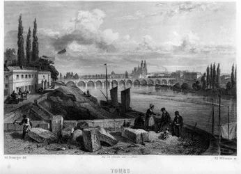 Stadtansicht von Tour, Indre-et-Loire (Indre et Loire), Centre, Frankreich. Gravur von Willmann in „La France ancienne et moderne“ von Jean-Bernard Mary-Lafon (Jean Bernard Mary Lafon)
