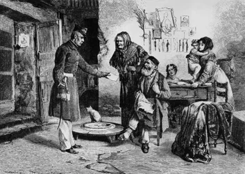 Bewegliches Vermögen, Beamter übergibt Gerichtsbeschluss an Schneider in Not, Italien, Gravur nach einer Zeichnung von Edoardo Matania (1847-1929), aus 