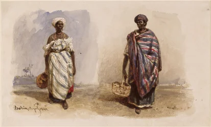 Zwei Afrobrasilianerinnen mit Schultertüchern, die eine mit Wasserkrug, die andere mit Korb
