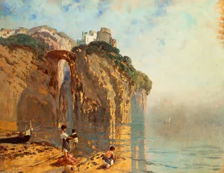 Blick auf den Golf mit Menschen am Strand