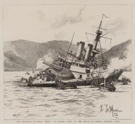 Die Strandung der HMS Howe auf den Pereiro-Riffen am Eingang des Hafens von Ferrol, Spanien