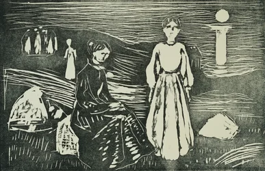 Frauen am Meeresstrand in der Sommernacht