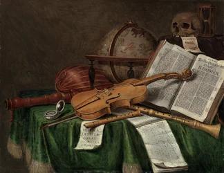 Vanitas-Stillleben mit einem astrologischen Globus, einer Geige, einem Schädel, einer Sanduhr, einem offenen Buch, einer Partitur, einer Uhr, einer Laute und anderen Musikinstrumenten auf einem drapierten Tisch, 1680er Jahre