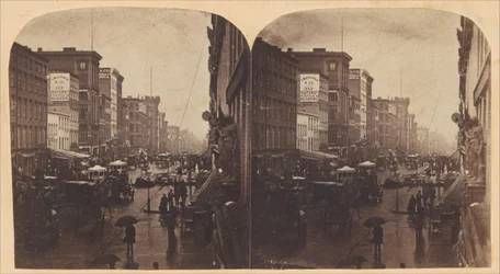 Broadway im Regen, wahrscheinlich von 308 oder 310 Broadway, New York City, ca. 1860er Jahre