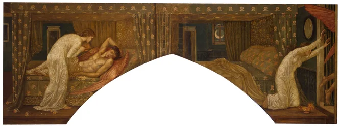 Cupid und Psyche - Palace Green Murals - Psyche hält die Lampe und blickt auf das Gesicht des schlafenden Cupids und Psyche verlassen, 1881