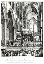 Ansicht der Galerie, vorbereitet für den Empfang Ihrer Majestäten der königlichen Familie, Direktoren und Hauptpersonen des Königreichs bei der Gedenkfeier für Händel in der Westminster Abbey, graviert von Joh