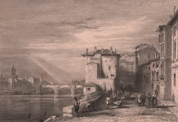 Ansicht von Verona am Fluss Adige, Venetien, Italien, Stahlstich von Edward Francis Finden nach einer Zeichnung von Augustus Wall Calcott, ca. 12x10 cm