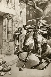 Hohepriester Coifi reitet die Goodmanham Lane hinauf, um die Idole zu zerstören, Illustration aus 